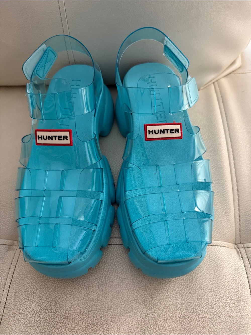 Hunter Women’s Teal Transparent Platform Jelly Sandals size 7M